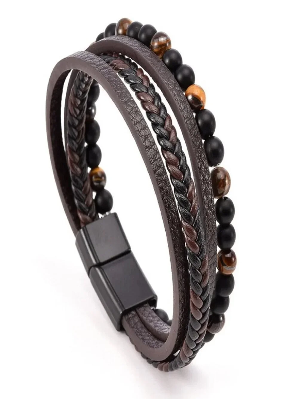 Men's Layered Braided Leather Beaded Bracelet With Tiger Eye Natural Stone - Picture 9 of 10
